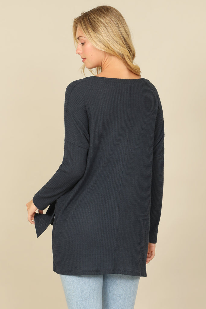 BRUSHED WAFFLE V-NECK LONG SLEEVE SIDE SLIT TOP