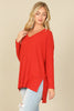 BRUSHED WAFFLE V-NECK LONG SLEEVE SIDE SLIT TOP