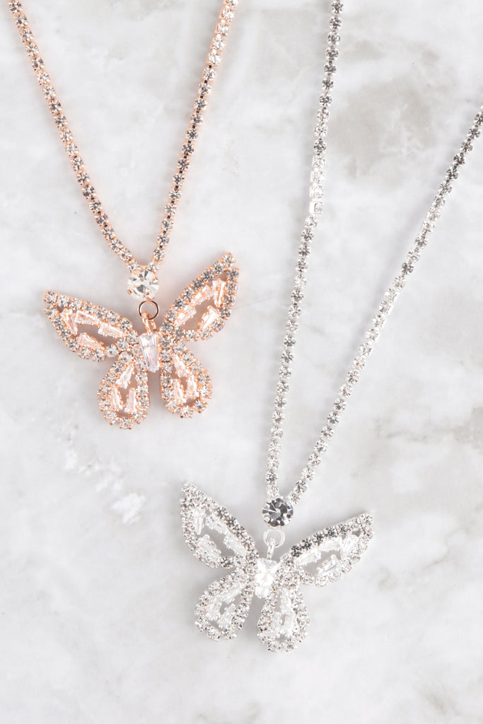 CUBIC ZIRCONIA BAGUETTE BUTTERFLY PENDANT NECKLACE