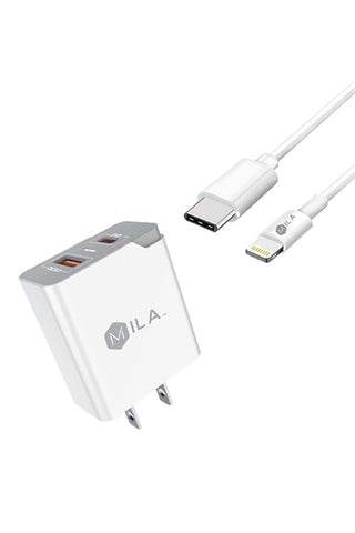 198610 - MILA|3.0A FAST CHARGE USB AND USB-C PORT HOME WALL CHARGER WITH TYPE C TO TYPE C CABLE
