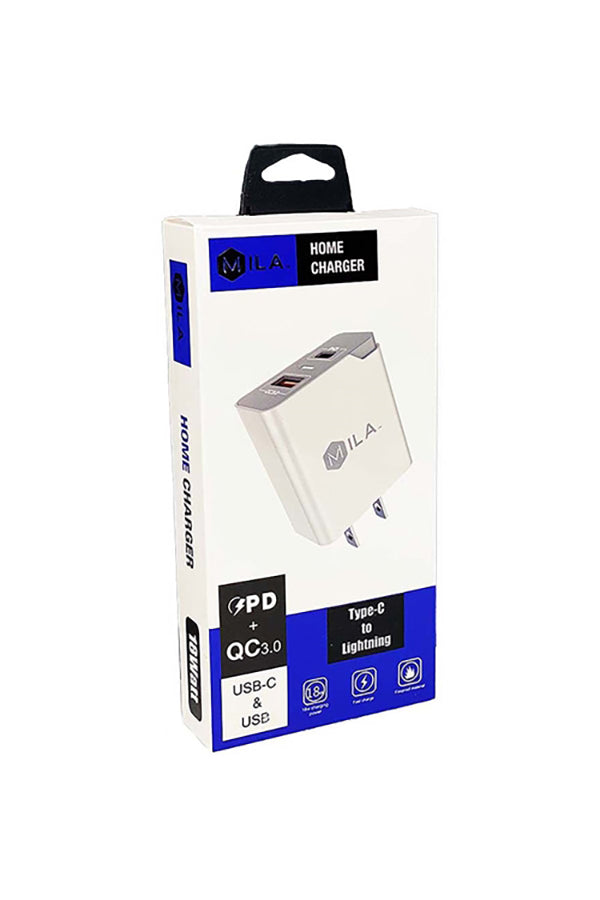 198627 - MILA|3.0A FAST CHARGE USB AND USB-C PORT HOME WALL CHARGER WITH TYPE C TO LIGHTNING CABLE