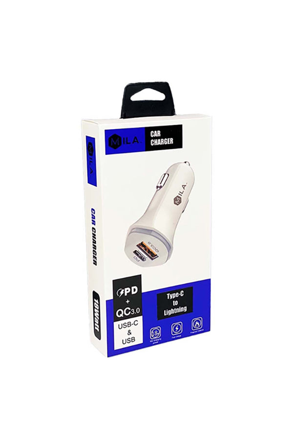 MILA|3.0A FAST CHARGE USB AND USB-C PORT CAR CHARGER WITH TYPE C TO LIGHTNING CABLE