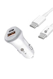 MILA|3.0A FAST CHARGE USB AND USB-C PORT CAR CHARGER WITH TYPE C TO TYPE C CABLE RETAIL WHITE