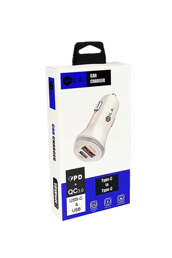 MILA|3.0A FAST CHARGE USB AND USB-C PORT CAR CHARGER WITH TYPE C TO TYPE C CABLE RETAIL WHITE