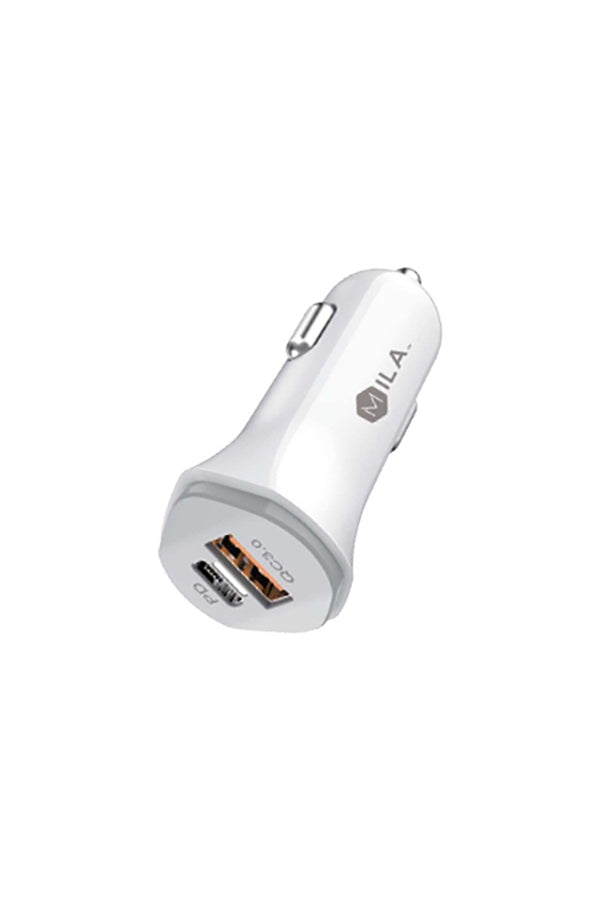 MILA|3.0A FAST CHARGE USB AND USB-C PORT CAR ADAPTER RETAIL PACKAGING WHITE