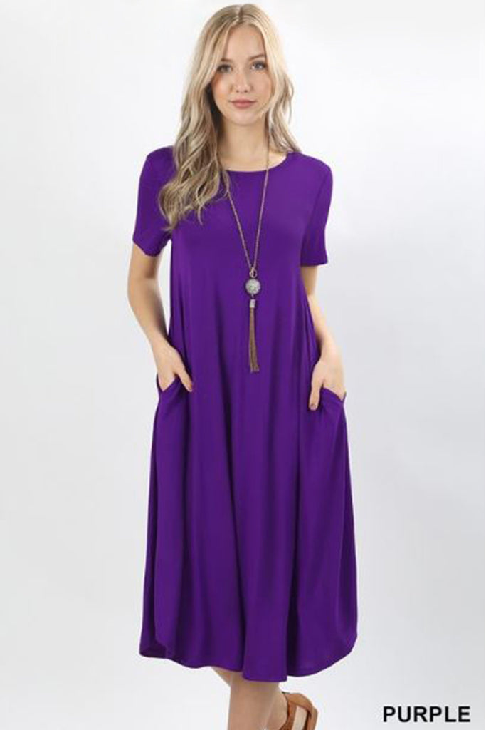 Short Sleeve Viscose Round Neck Pocket Dress