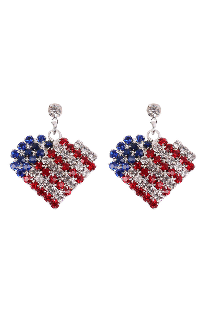 AMERICAN FLAG HEART ACCENT RHINESTONE EARRINGS