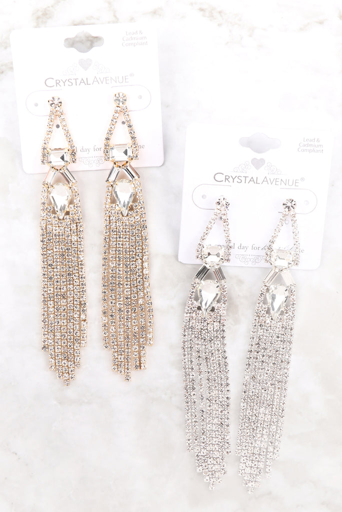 RHINESTONE GEO SHAPE FRINGE POST EARRINGS