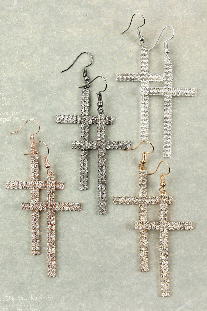 25839 - CROSS RHINESTONE FISH HOOK EARRINGS