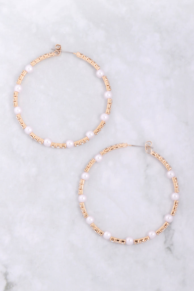 RHINESTONE W/ PEARL BEAD HOOP 1.75 "EARRINGS