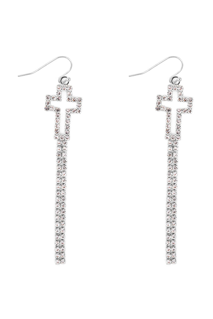 27339 - RHINESTONE PAVE CROSS DROP FISH HOOK EARRINGS