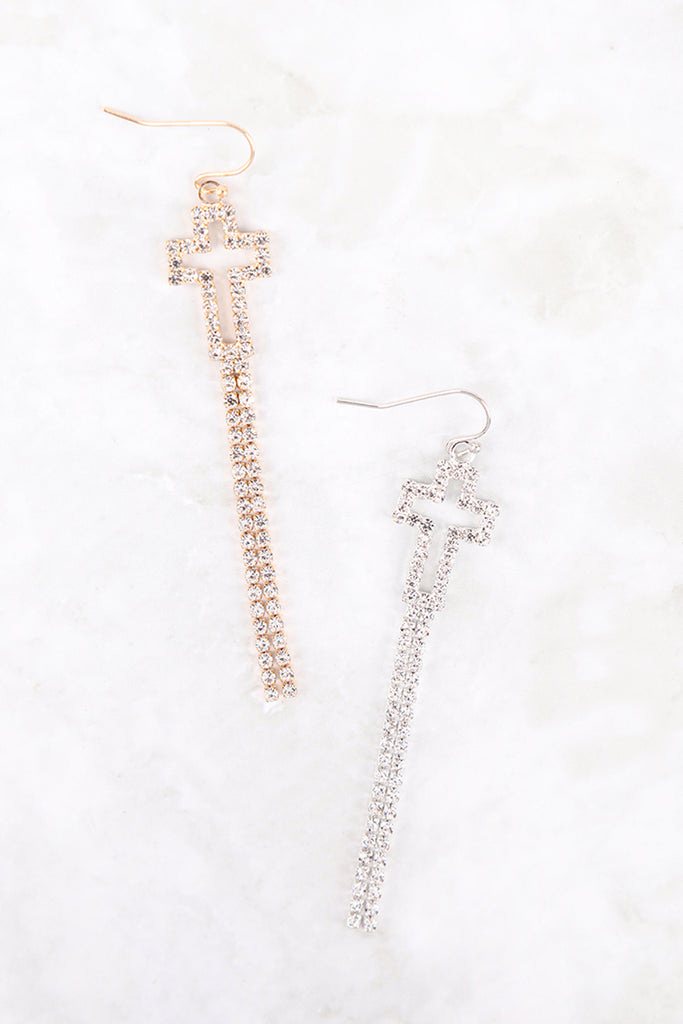 27339 - RHINESTONE PAVE CROSS DROP FISH HOOK EARRINGS