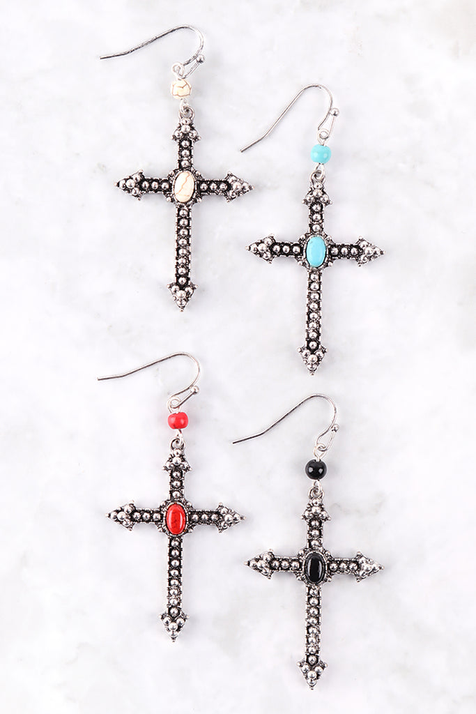 CROSS STONE FISH HOOK EARRINGS