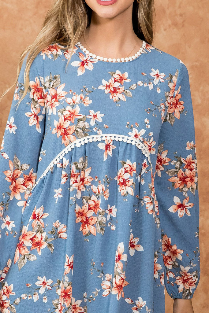 Ribbon Detail  Neck Line Long Sleeve Floral Top