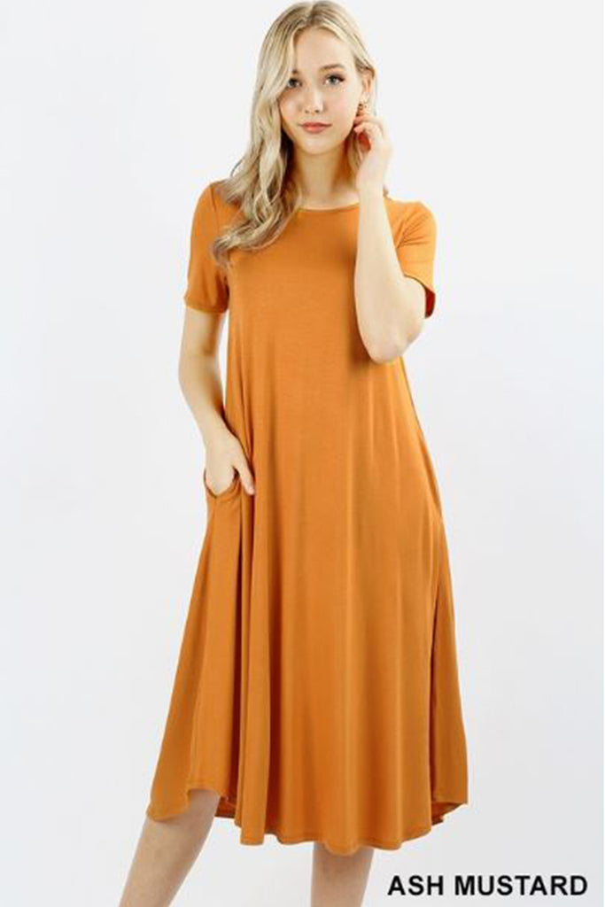 Short Sleeve Viscose Round Neck Pocket Dress