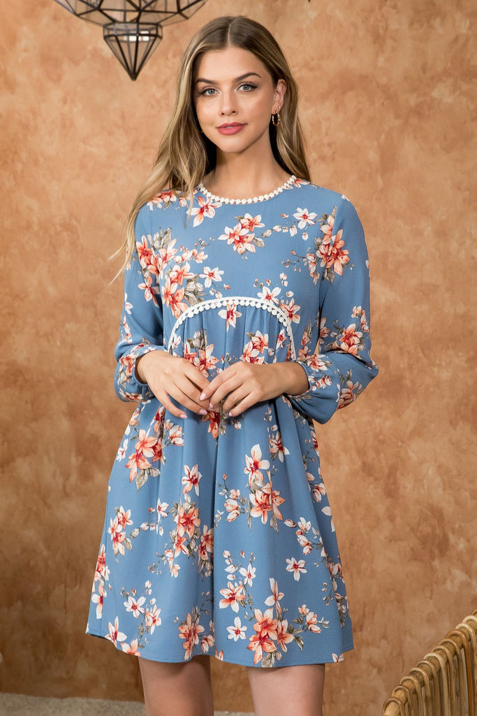 Ribbon Detail  Neck Line Long Sleeve Floral Top