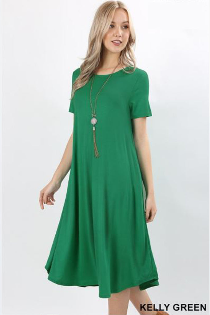 Short Sleeve Viscose Round Neck Pocket Dress