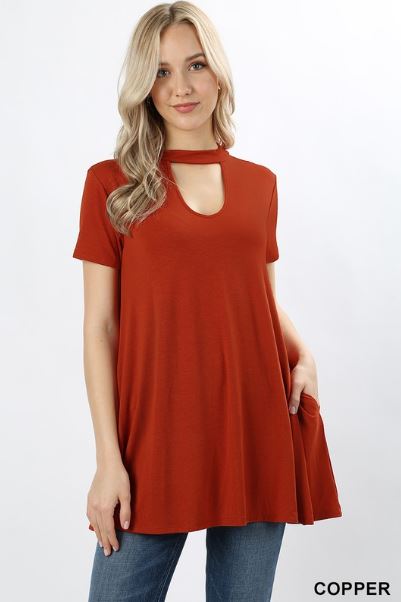 Short Sleeve Pocket Chocker Neck Top