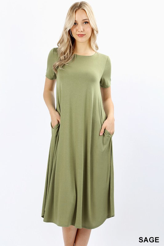 Short Sleeve Viscose Round Neck Pocket Dress