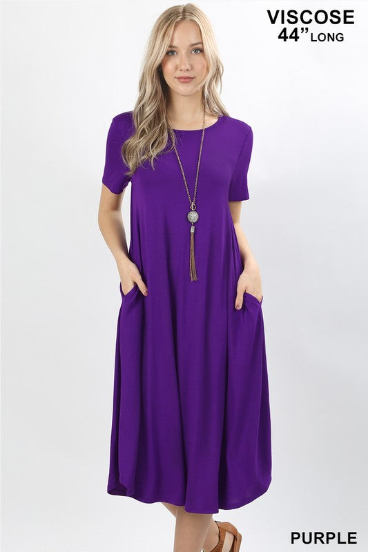 Short Sleeve Viscose Round Neck Pocket Dress
