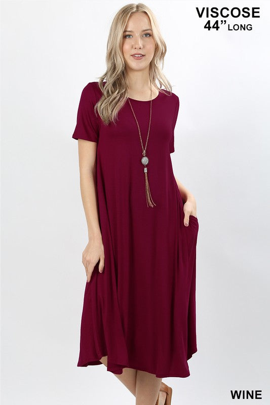 Short Sleeve Viscose Round Neck Pocket Dress
