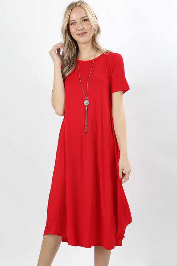 Short Sleeve Viscose Round Neck Pocket Dress