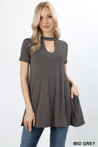 Short Sleeve Pocket Chocker Neck Top