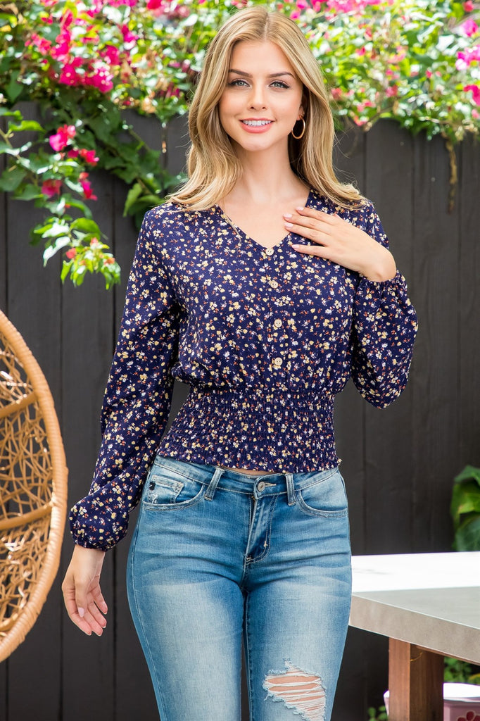 Long Sleeve V-Neck Smocked Top