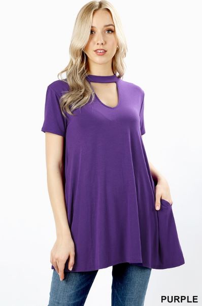 Short Sleeve Pocket Chocker Neck Top