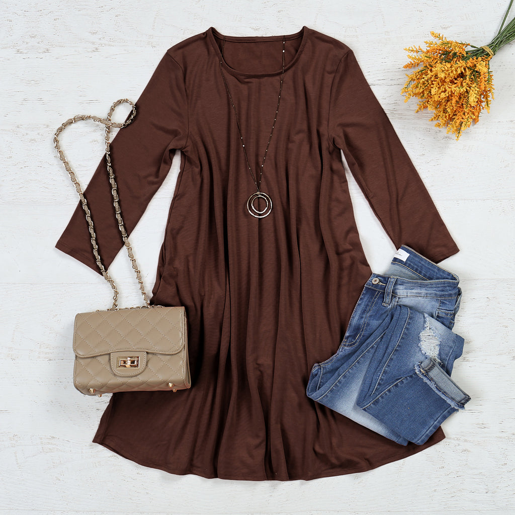 Premium 3/4 Sleeve Swing Pocket Tunic Dress