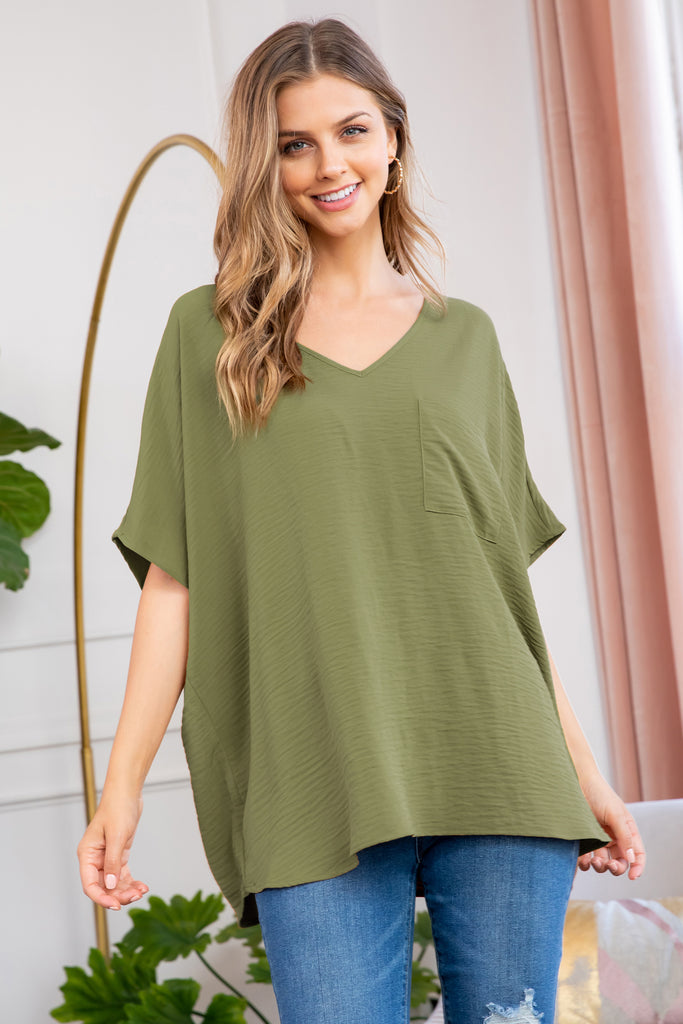 Woven Airflow V-Neck Dolman Short Sleeve Top