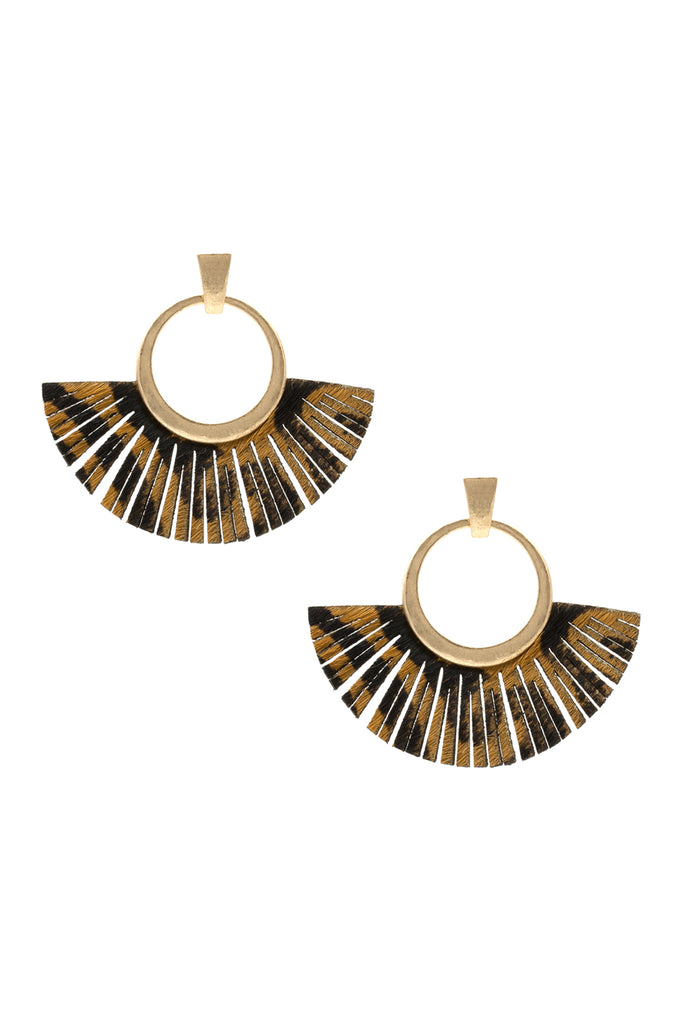 FAN SHAPED REAL CALF HAIR LEATHER HAMMERED METAL EARRINGS