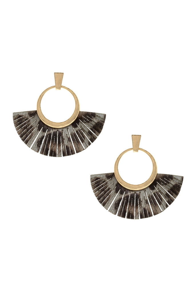 FAN SHAPED REAL CALF HAIR LEATHER HAMMERED METAL EARRINGS