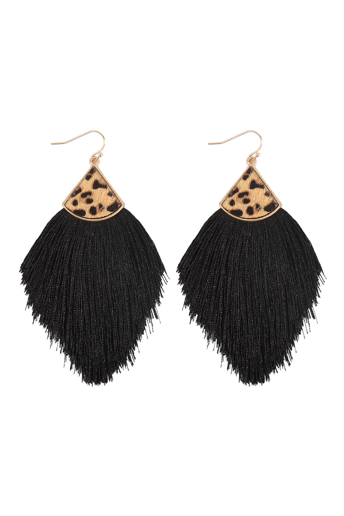 B4E2441 - LEOPARD REAL LEATHER TASSEL HOOK EARRINGS