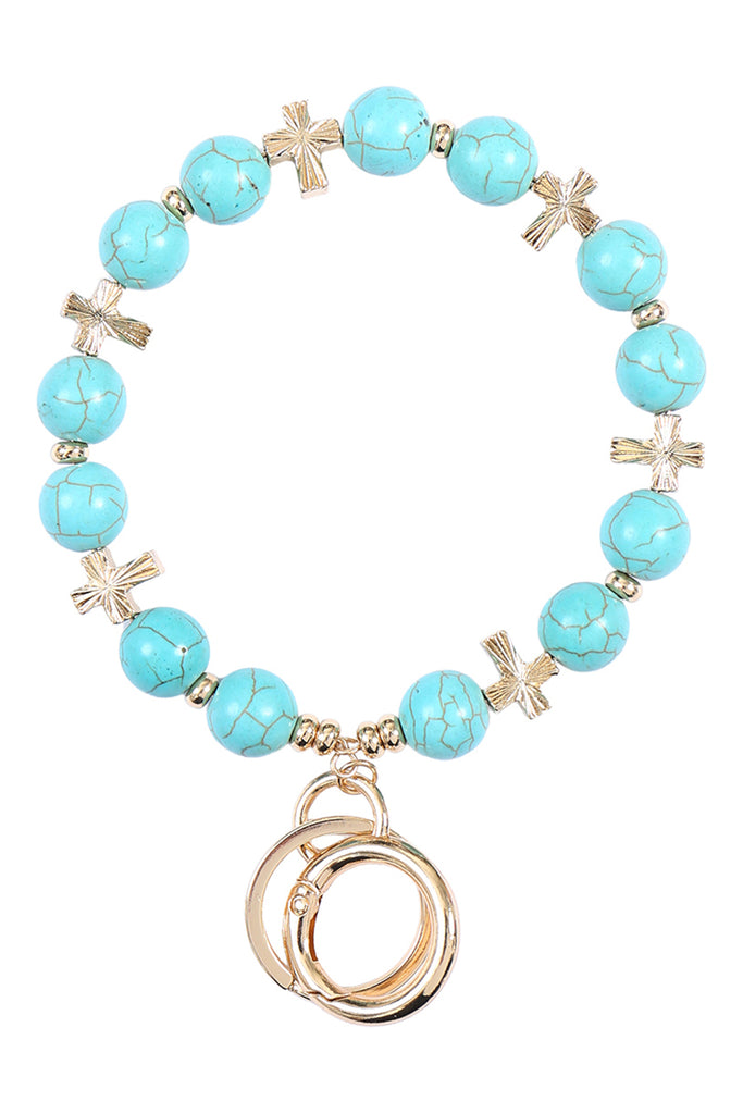 3" CROSS SUNBURST TEXTURED METAL W/ SEMI-PRECIOUS STONE BRACELET KEYCHAIN