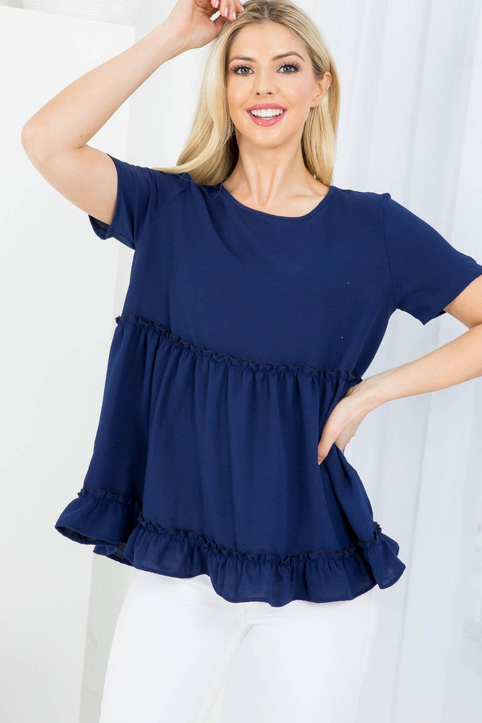 Solid Short Ruffle Hem Merrow Detail Top