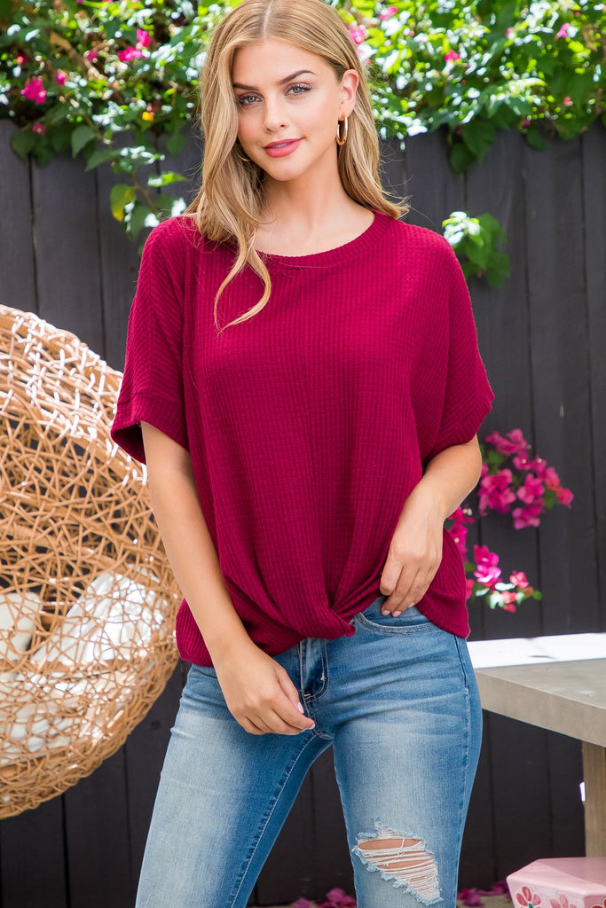 Twist Front Dolman Sleeve Waffle Top