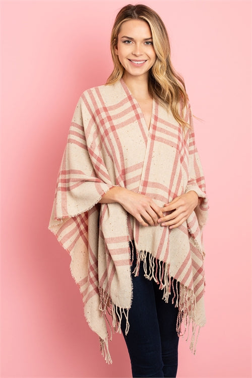 P4040 - PINK CREAM PLAID PONCHO