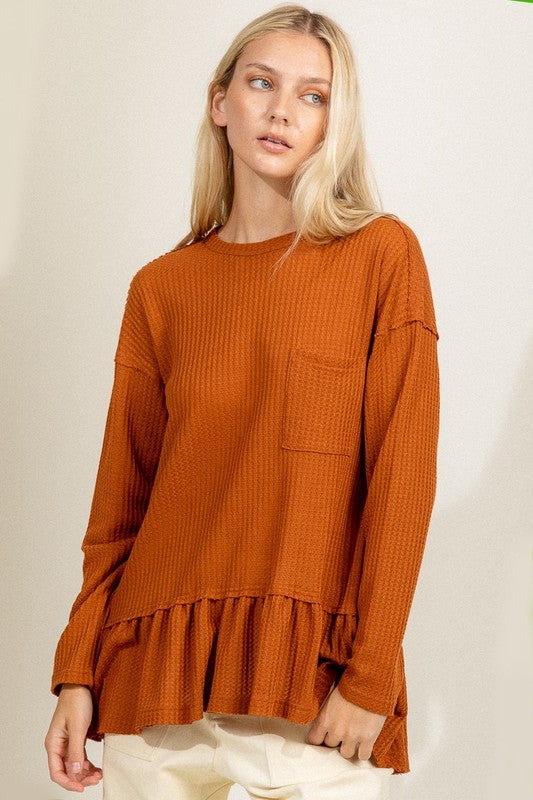 Waffle Knit Ruffle Hem Tunic Top