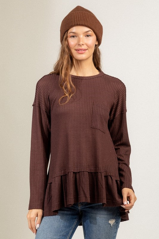 Waffle Knit Ruffle Hem Tunic Top