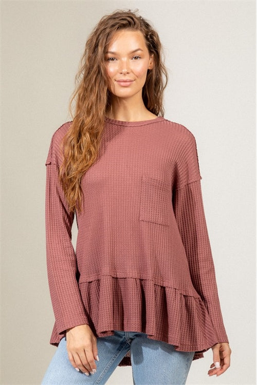 Waffle Knit Ruffle Hem Tunic Top
