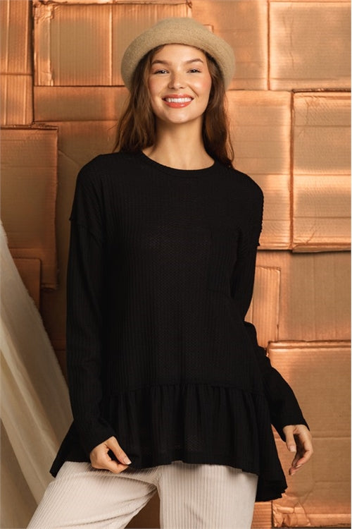 Waffle Knit Ruffle Hem Tunic Top
