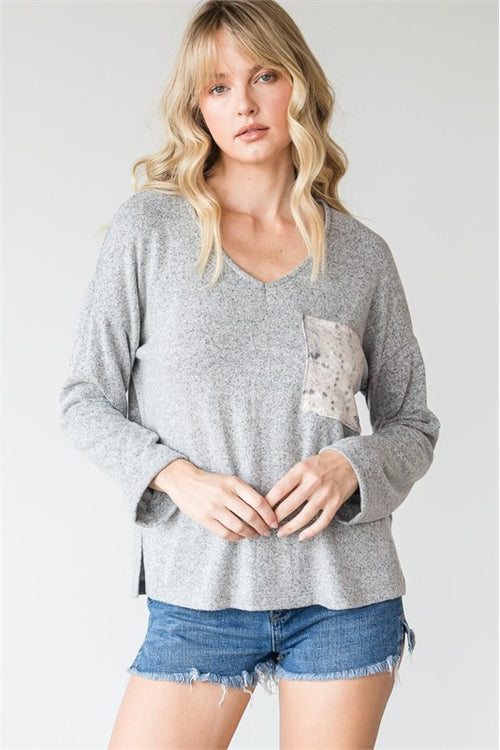 Leopard Pocket V-Neck Top