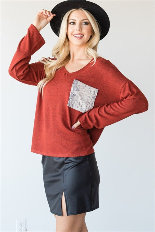 Leopard Pocket V-Neck Top