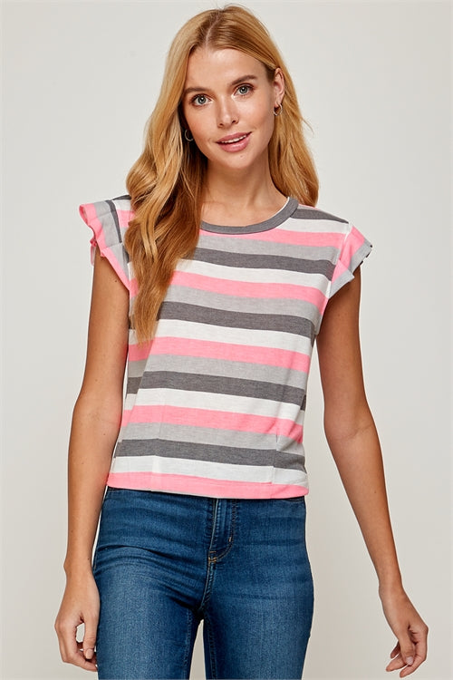 Multi Stripe Ruffle Cap Sleeve