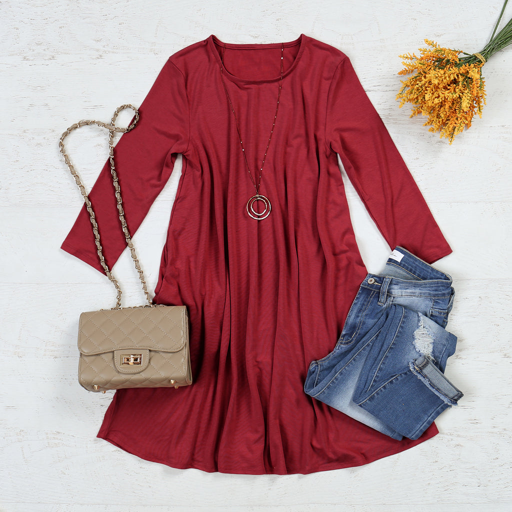 Premium 3/4 Sleeve Swing Pocket Tunic Dress