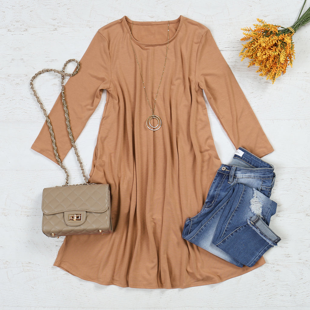 Premium 3/4 Sleeve Swing Pocket Tunic Dress