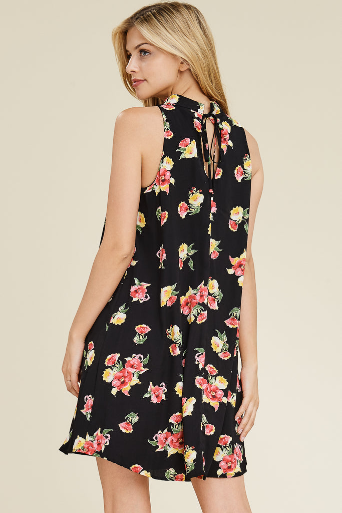 Sleeveless Floral Print Choker Neck Tunic Dress