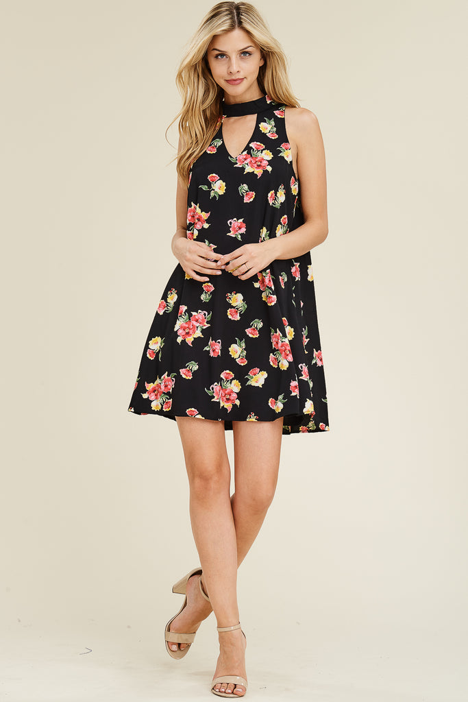 Sleeveless Floral Print Choker Neck Tunic Dress