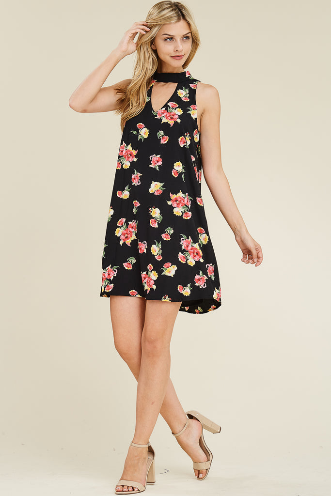Sleeveless Floral Print Choker Neck Tunic Dress